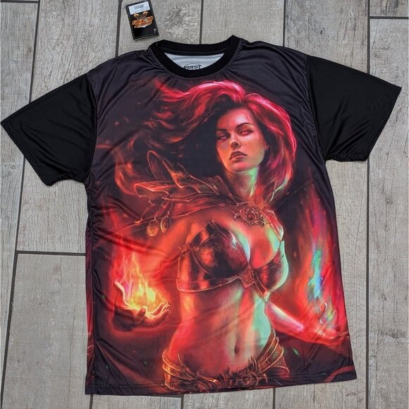 NWT Men's First Class Premium Brand Fire Lady Print Tee 3XL Black Red‎ Gold - Picture 2 of 5